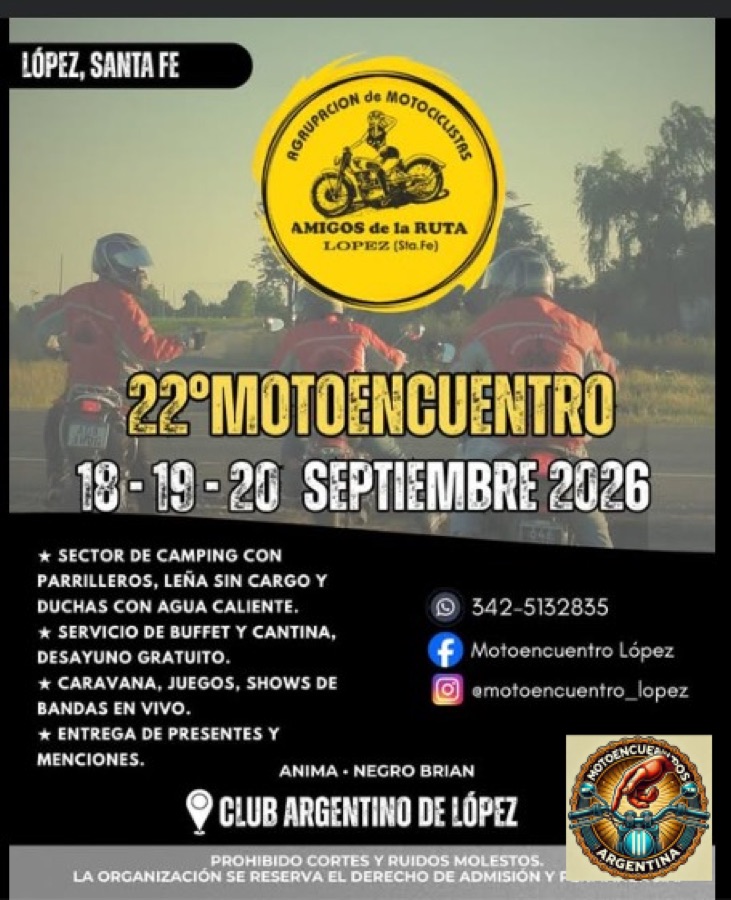 Flyer de 22° Motoencuentro Amigos de la Ruta López, por Agrupación de Motociclistas Amigos de la Ruta López (Sta.Fe)