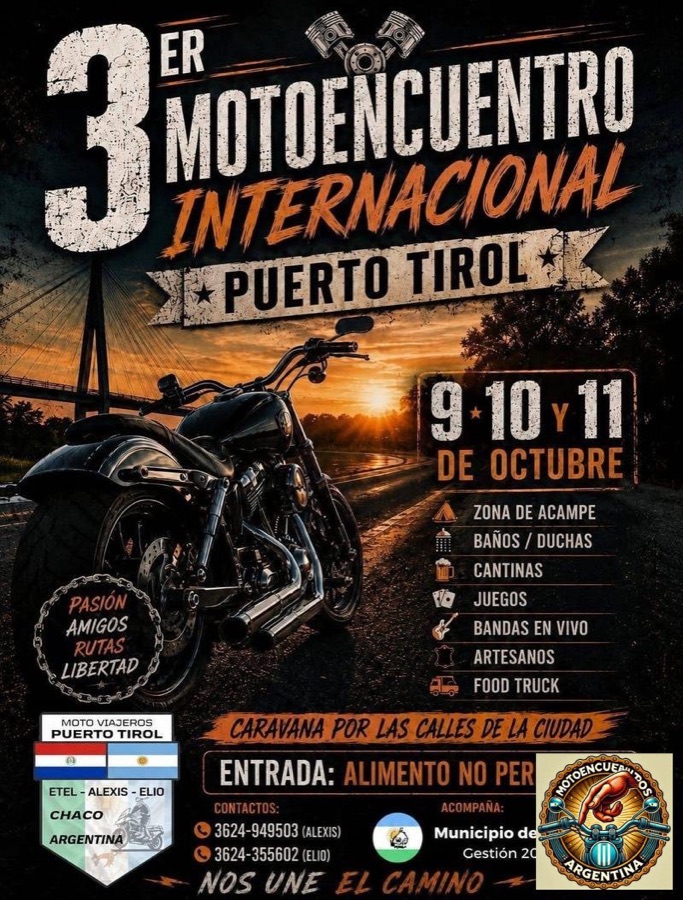 Flyer de 3er Motoencuentro Internacional Puerto Tirol, por Moto Viajeros Puerto Tirol
