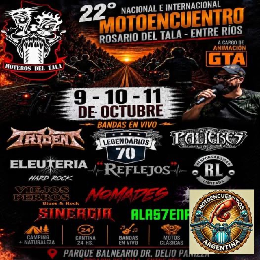 Flyer de 22° Nacional e Internacional Motoencuentro Rosario del Tala, por Moteros del Tala