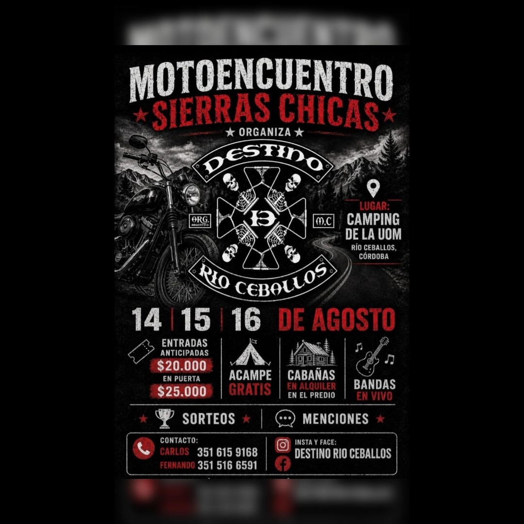 Flyer de Motoencuentro Sierras Chicas, por Destino Río Ceballos M.C.