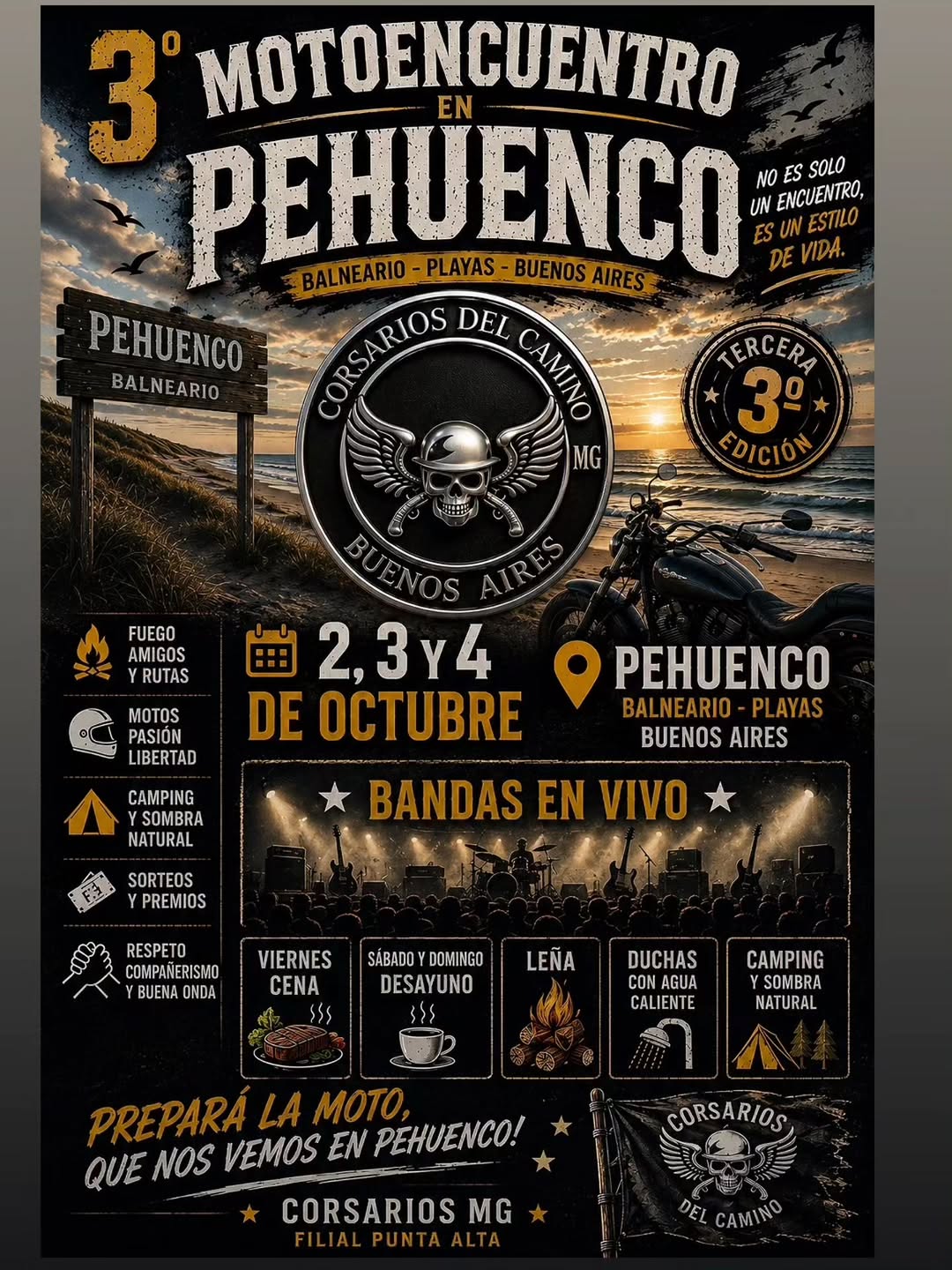 Flyer de Motoencuentro Pehuen-Có, por Corsarios del Camino