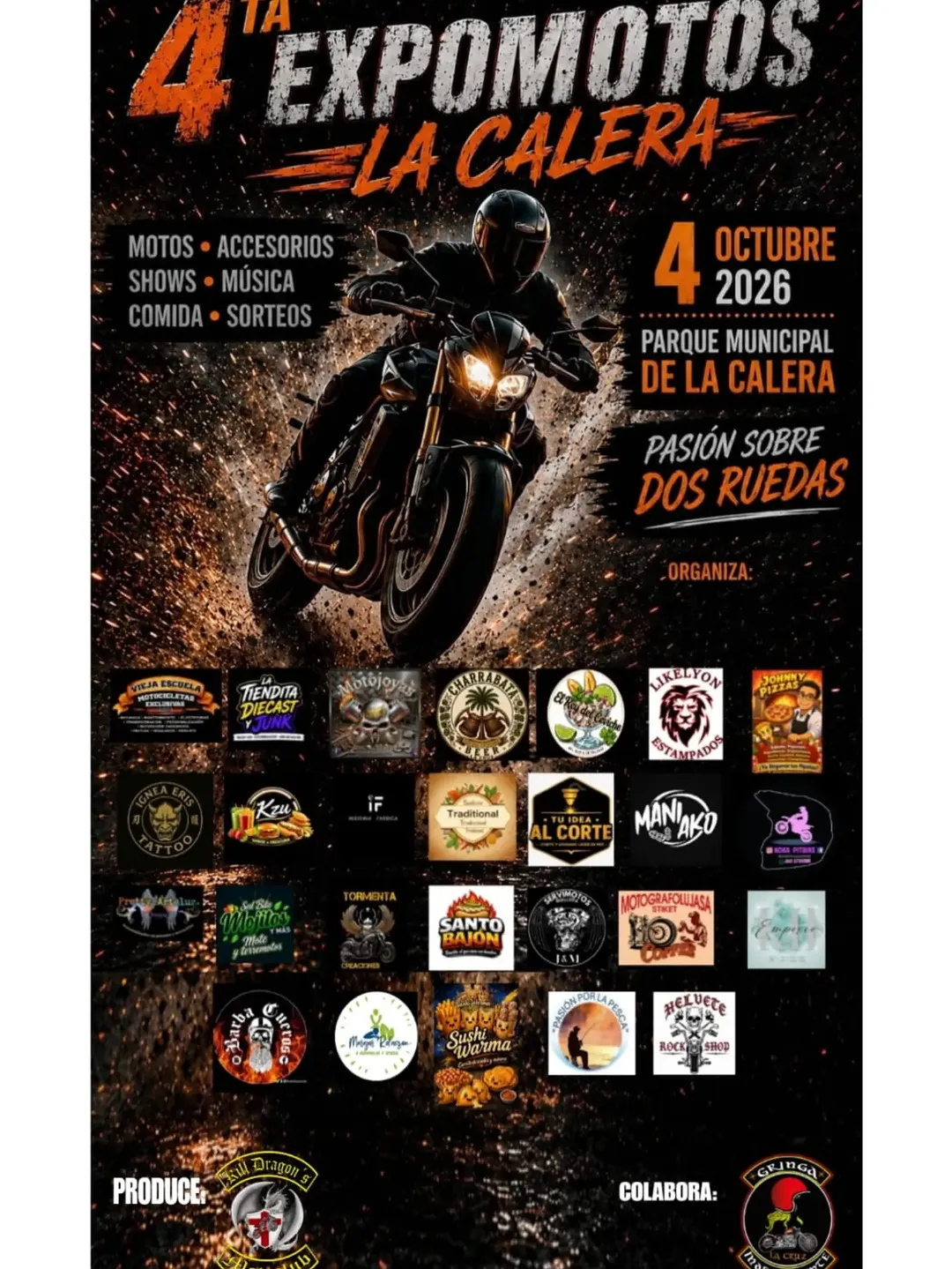 Flyer de 4ta Expomotos La Calera, por Kill Dragon's (colabora Gringa La Cruz, apoyo Municipalidad de La Calera)