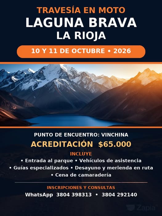 Flyer de Travesía en Moto Laguna Brava, por Organización sin nombre en el flyer (contacto WhatsApp 3804 398313 / 3804 292140)