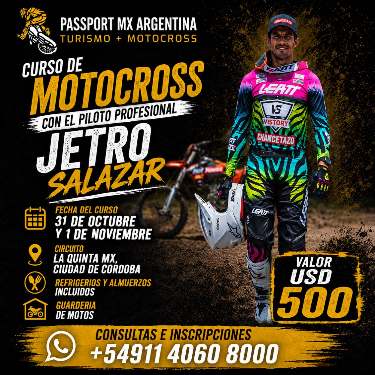Flyer de Curso de Motocross con Jetro Salazar — La Quinta MX Park (Córdoba), por passport_mx_arg