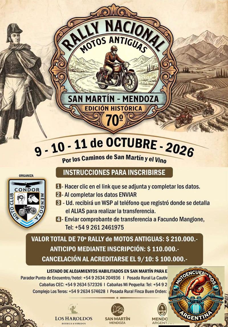 Flyer de Rally Nacional de Motos Antiguas — 70ª Edición Histórica, San Martín, por motocondorclubmendoza